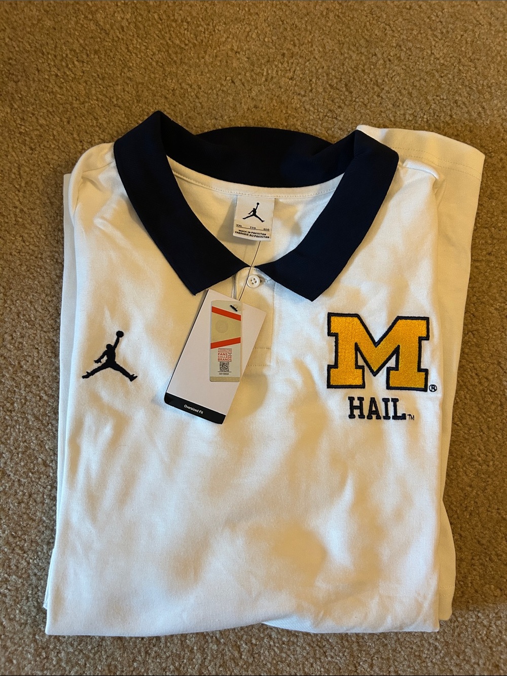 Michigan Jordan Men’s White Polo with Navy Collar